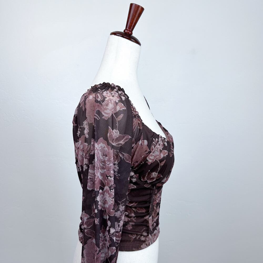 Dylan Ryan Brown Floral Mesh Padded Corset Romantic Long Sleeve Crop Top MEDIUM - Picture 4 of 8